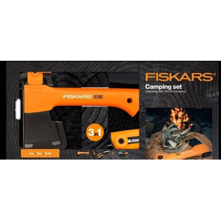 Fiskars 1057912, Kit di sopravvivenza X5 Accetta + Coltello + Sega, Attrezzatura per esterni, Nero/Arancione