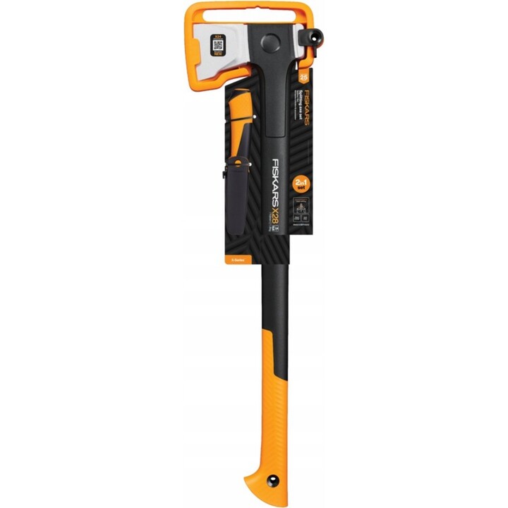 iskars 1075434, Set ascia da spacco X28 + coltello multiuso, lama in acciaio forgiato, nero/arancio