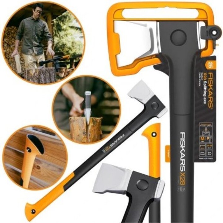 iskars 1075434, Set ascia da spacco X28 + coltello multiuso, lama in acciaio forgiato, nero/arancio