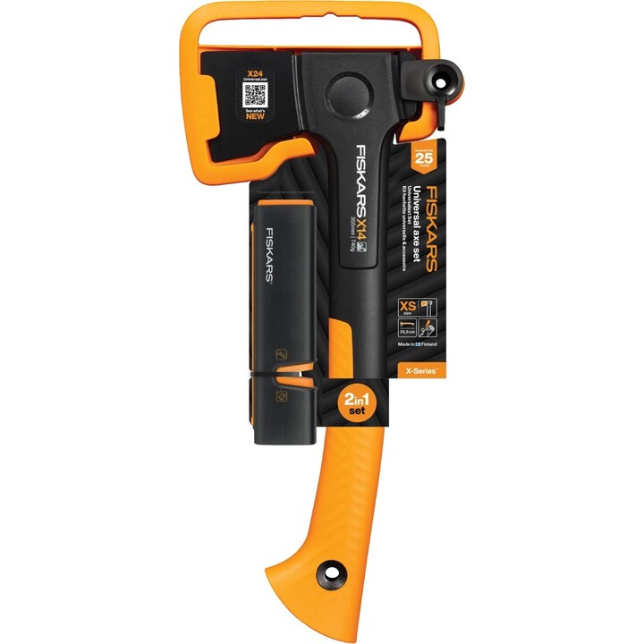 Fiskars 1075432, Ascia universale X14 + set di affilatura, design compatto per esterni, nero/arancio
