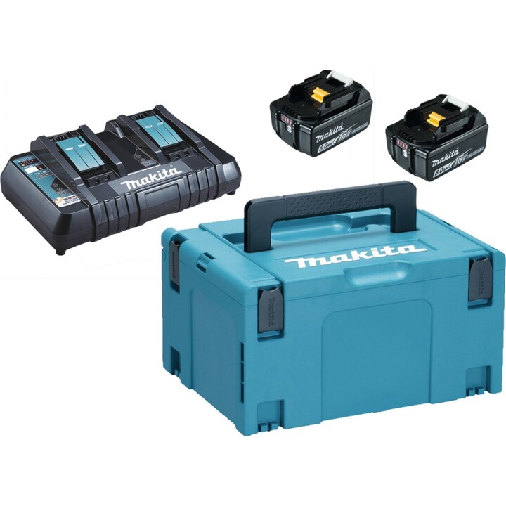 Chargeur Makita à double port et deux batteries de 6,0 Ah dans une mallette Makpac