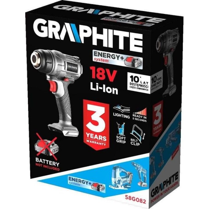 Graphite 58G082, Energy+ 18V Cordless Heat Gun, 550°C Max Temperature, Constant Airflow, Grey/Black