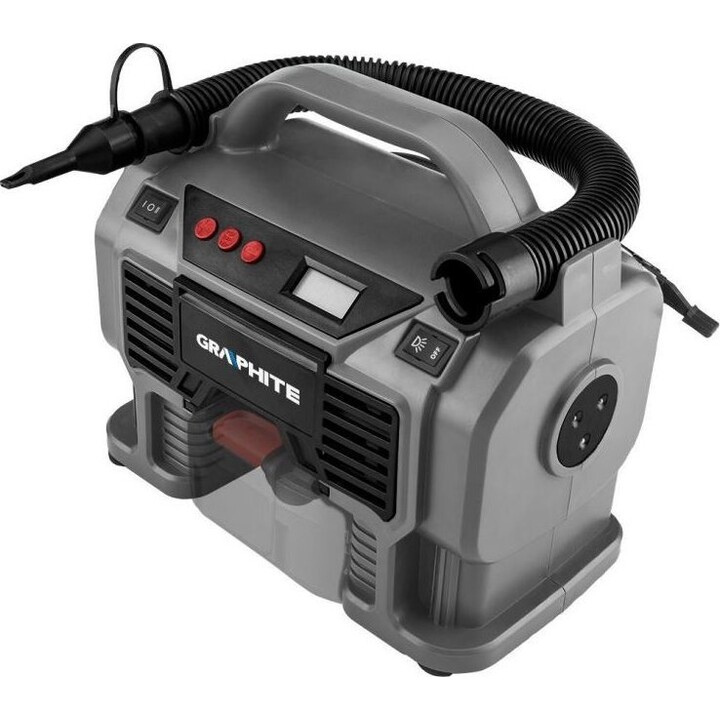 Graphite 58GE113, Compresor de aire portátil Energy+ 18V, pantalla digital, manguera flexible, gris/negro