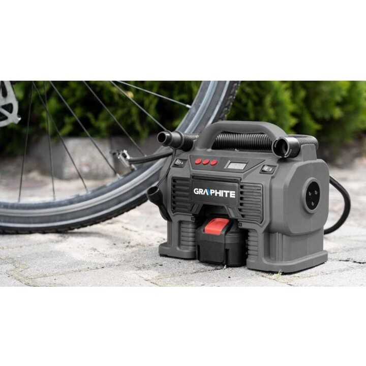 Graphite 58GE113, Compresor de aire portátil Energy+ 18V, pantalla digital, manguera flexible, gris/negro