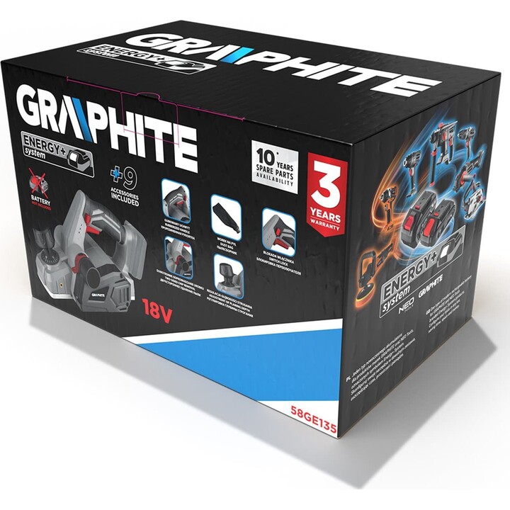 Graphite 58GE135, pialla manuale a batteria Energy+ 18V, profondità di taglio regolabile, grigio/nero