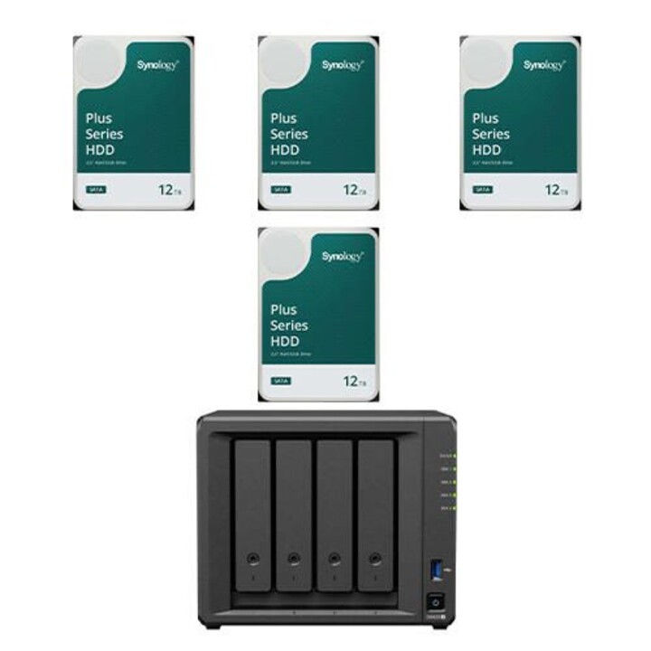 Server NAS Synology DiskStation DS425+ da 48 TB con 4 alloggiamenti + 4 dischi rigidi Synology Plus da 3,5" SATA 6Gb/s da 1
