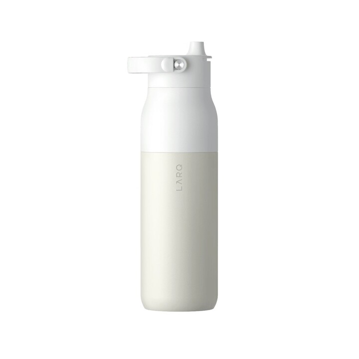 Garrafa térmica LARQ PureVis 2 para uso diário, fitness, caminhadas e esportes, 1000 ml, aço inoxidável, bege e branca.