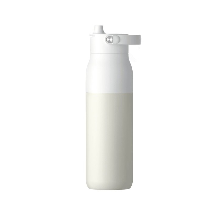 Garrafa térmica LARQ PureVis 2 para uso diário, fitness, caminhadas e esportes, 1000 ml, aço inoxidável, bege e branca.