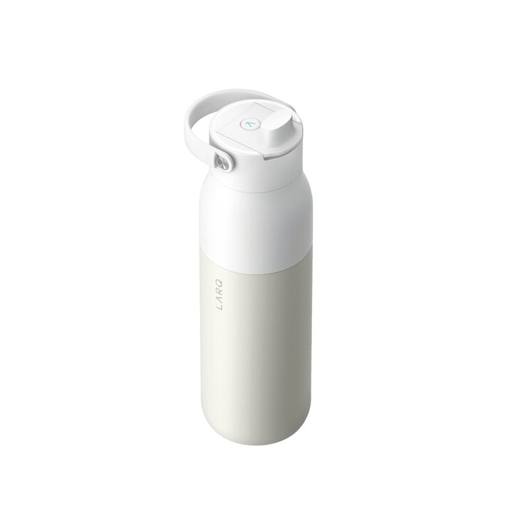 Garrafa térmica LARQ PureVis 2 para uso diário, fitness, caminhadas e esportes, 1000 ml, aço inoxidável, bege e branca.