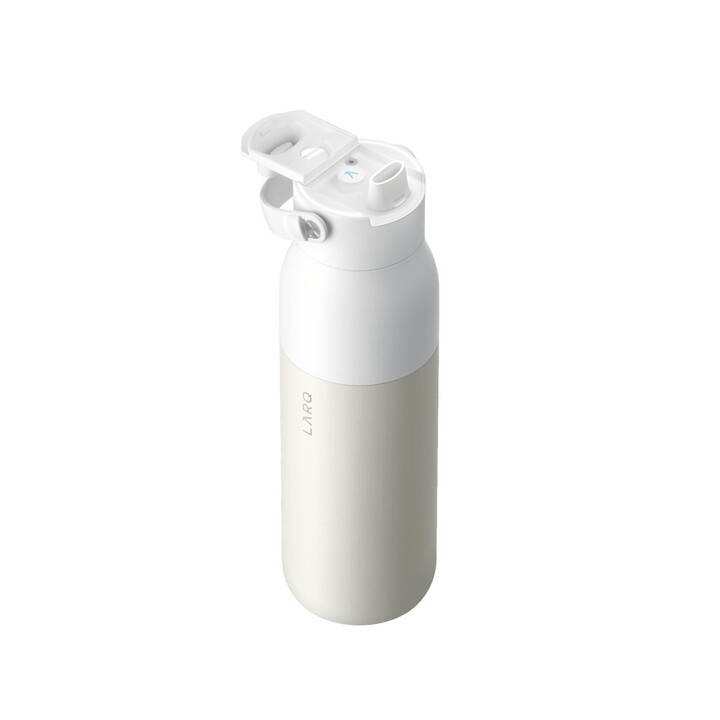 Garrafa térmica LARQ PureVis 2 para uso diário, fitness, caminhadas e esportes, 1000 ml, aço inoxidável, bege e branca.