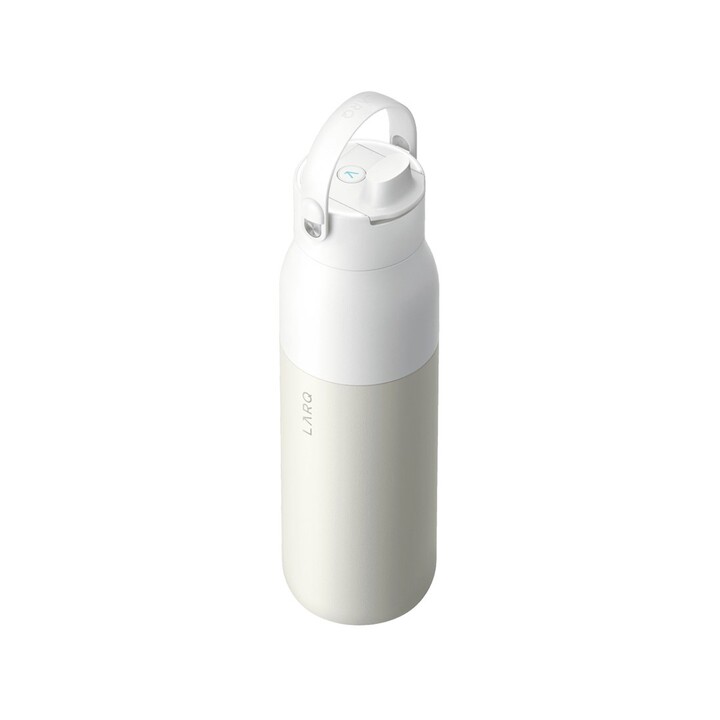 Garrafa térmica LARQ PureVis 2 para uso diário, fitness, caminhadas e esportes, 1000 ml, aço inoxidável, bege e branca.
