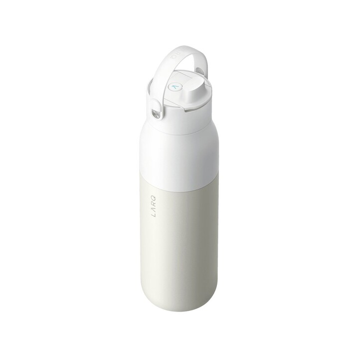 Garrafa térmica LARQ PureVis 2 para uso diário, fitness, caminhadas e esportes, 1000 ml, aço inoxidável, bege e branca.