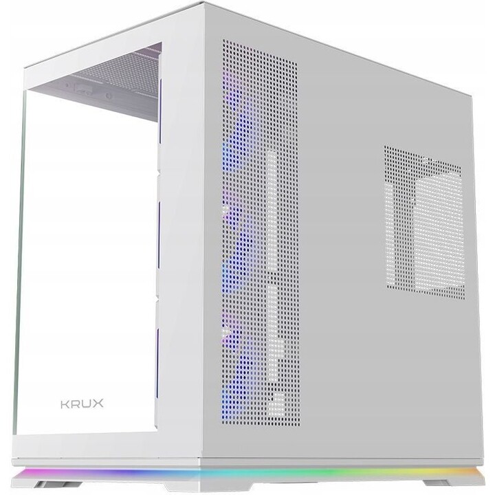 Krux Atron White ATX Mid Tower PC-Gehäuse mit gehärtetem Glas-Seitenteil, vier vorinstallierten 120-mm-Lüftern, Mesh-Frontplatte