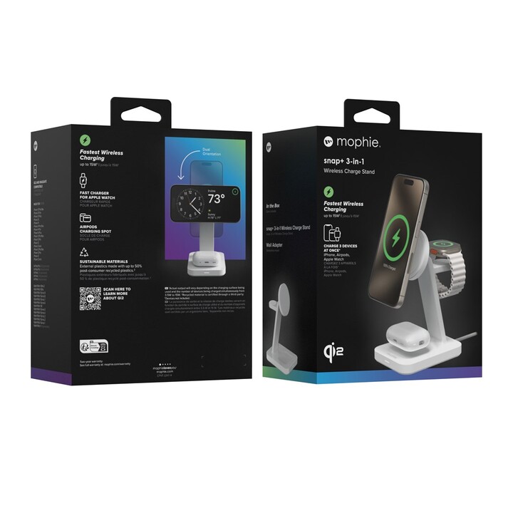 mophie Snap+ Supporto di ricarica wireless 3 in 1 per cuffie, smartphone, smartwatch, bianco Caricabatterie wireless USB