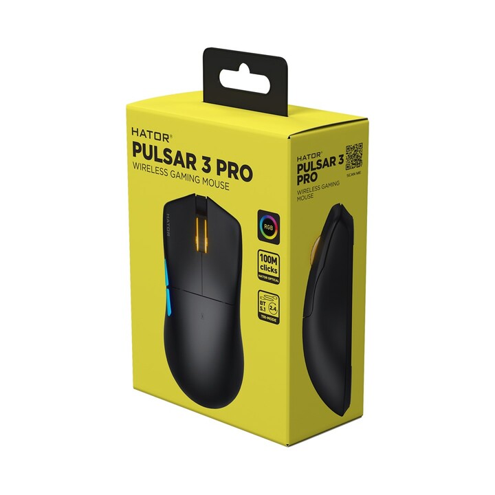 Mouse Gamer Sem Fio HATOR Pulsar 3 PRO para Destros: RF Sem Fio + Bluetooth + USB Tipo-A Óptico 30000 DPI