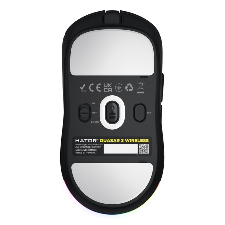 Mouse da gioco wireless HATOR Quasar 3, ambidestro, RF wireless + Bluetooth + USB Type-A, ottico, 12000 DPI