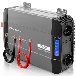 Convertidor de voltaje de onda sinusoidal pura Qoltec | 12V a 230V | 1500/3000W | LCD | USB | USB-C | Compatible con LiFePO4 GEL