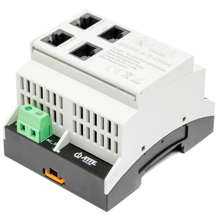 Switch PoE de 4 portas ATTE SWPS-4-11-DIN4 para trilho TH35 com fonte de alimentação integrada