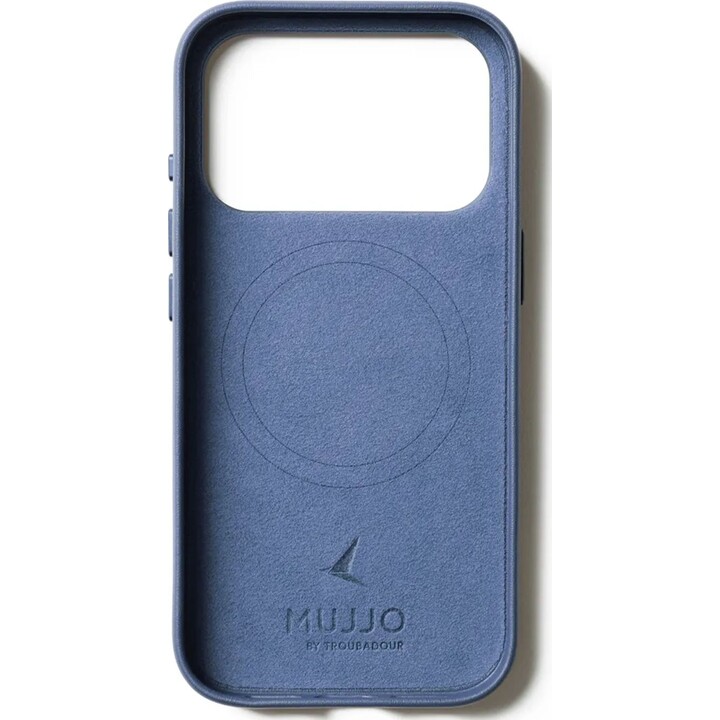 Capa em pele Mujjo para iPhone 17 Pro - Compatível com MagSafe, botões sensíveis - Azul Mónaco