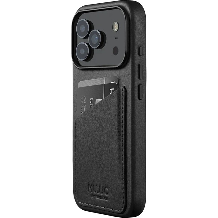 Capa de couro Mujjo para iPhone 17 Pro - Ranhuras para cartões e compatível com MagSafe - Preto