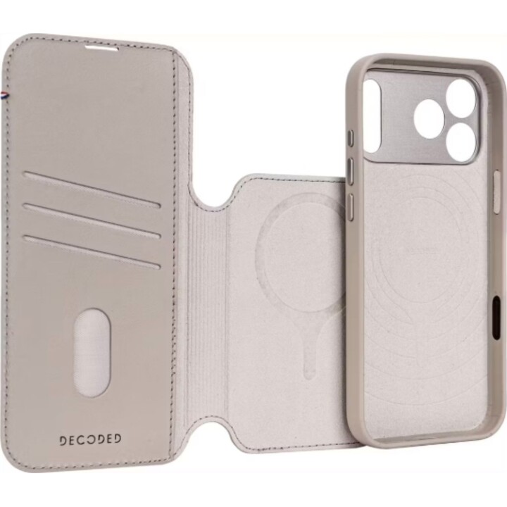 Decoded Abnehmbare Brieftasche für iPhone 17 Pro, Echtes Leder MagSafe Case - Solid Clay Gray