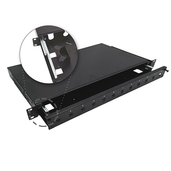 Painel de patch de fibra óptica telescópico Alantec 12xSC simplex / 12xLC duplex 19" 1U com acessórios de montagem