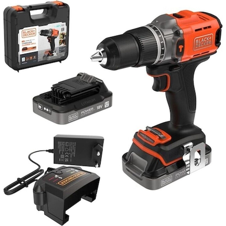 Berbequim de martelo sem fio Black + Decker 18V com kit de bateria de iões de lítio e mala de armazenamento