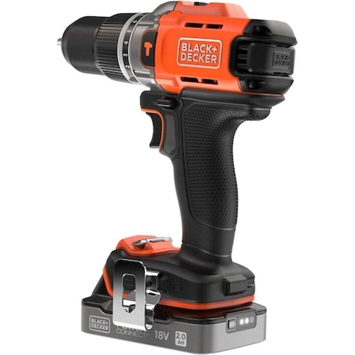 Berbequim de martelo sem fio Black + Decker 18V com kit de bateria de iões de lítio e mala de armazenamento