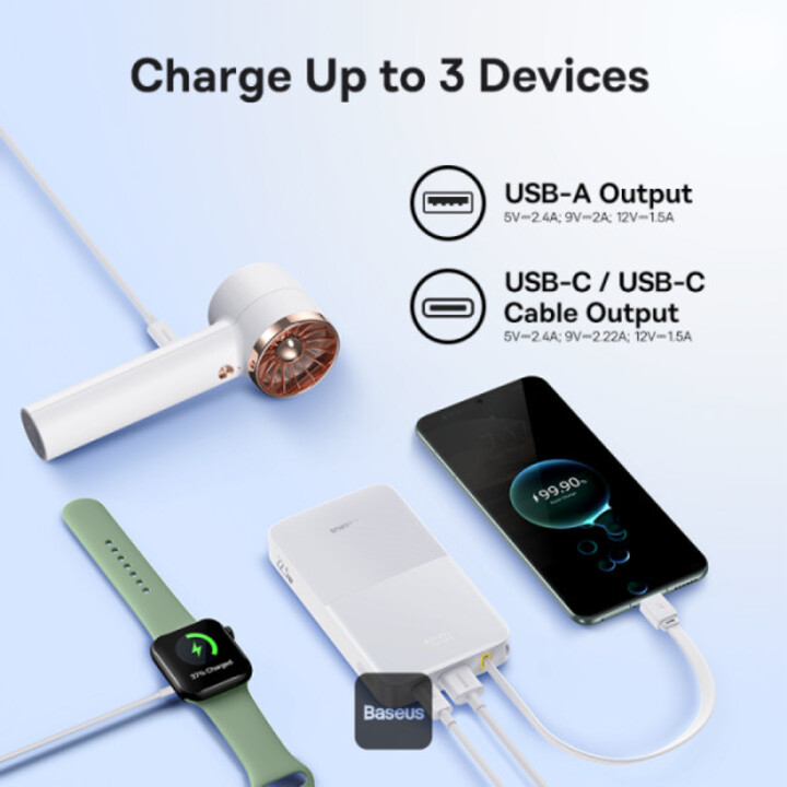 Power bank Os-baseus Enerfill Fp11 da 10000 mAh 15 W bianco luna (include cavo semplice da Type-C a Type-C 20 V/3 A 30 cm bianco