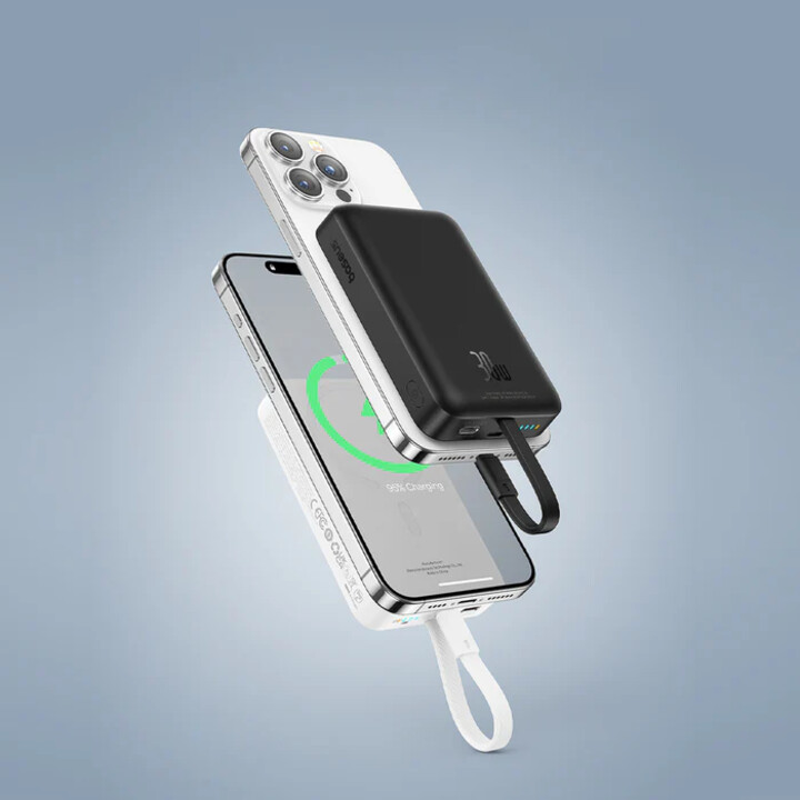 Bateria externa magnética Os-baseus Enerfill FM11 com cabo USB integrado, 10000mAh, 30W, branca (Moon White).