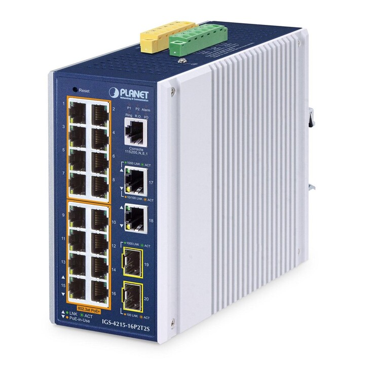PLANET IP30 Industrial L2/L4 16-Port Gestionado L2/L4 Gigabit Ethernet (10/100/1000) Powerful Ethernet (PoE) Aluminio, Azul