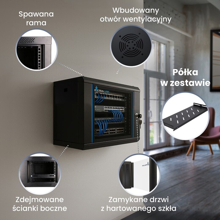 Extralink LITE 6U 530X400 ARMARIO RACK DE PARED NEGRO Estante montado en suelo/pared/independiente Negro
