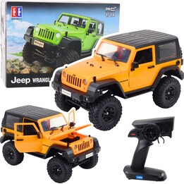 Jeep Wrangler Rock Crawler RC orange 1:14 scale, remote controlled off-road vehicle.