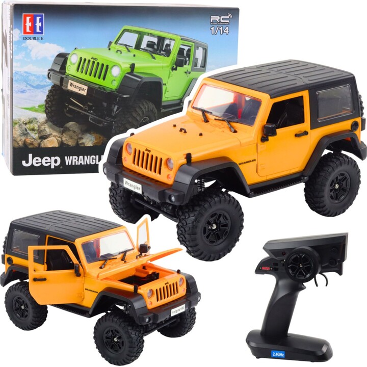 Jeep Wrangler Rock Crawler RC orange 1:14 scale, remote controlled off-road vehicle.