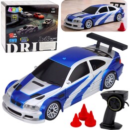 Auto sportiva radiocomandata E46 da drift con coni, velocità massima 15 km/h, scala 1:43