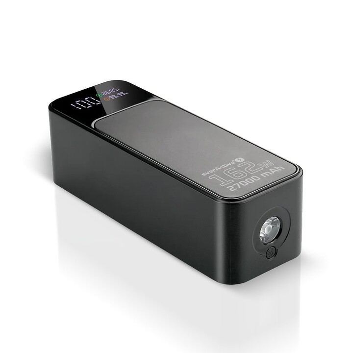 27,000 mAh external battery, 1 USB port, 2 USB-C ports, 162.5 W, QC4+, flashlight, LCD screen, black color.