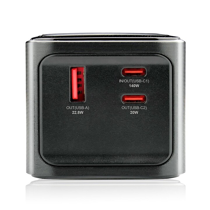27,000 mAh external battery, 1 USB port, 2 USB-C ports, 162.5 W, QC4+, flashlight, LCD screen, black color.