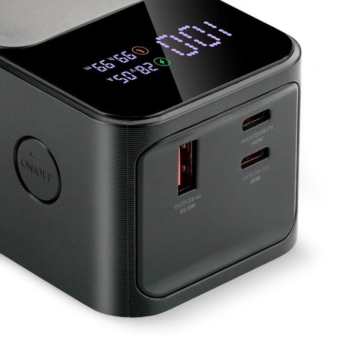27,000 mAh external battery, 1 USB port, 2 USB-C ports, 162.5 W, QC4+, flashlight, LCD screen, black color.