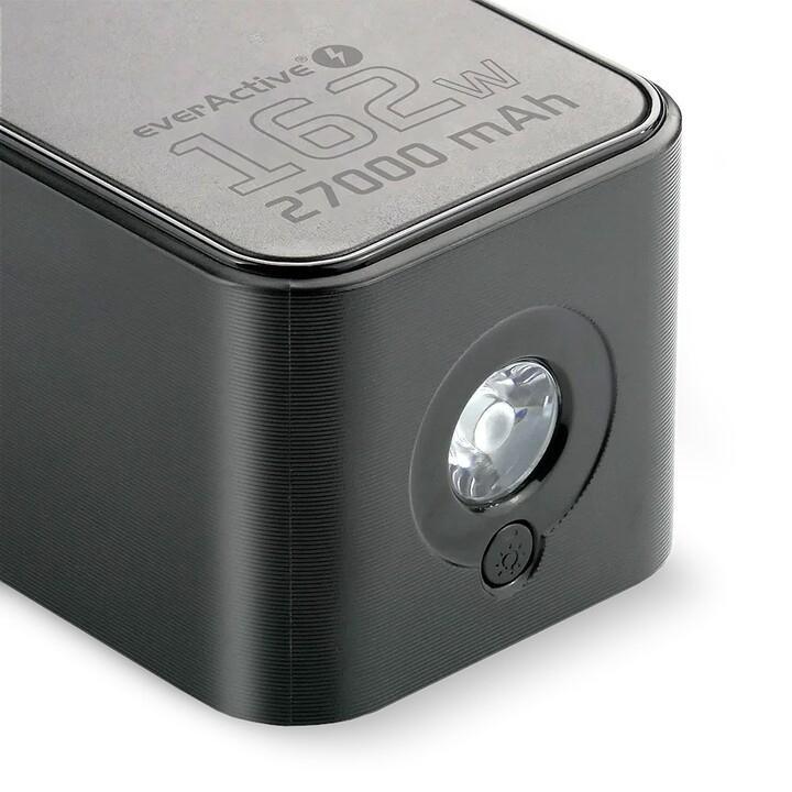 27,000 mAh external battery, 1 USB port, 2 USB-C ports, 162.5 W, QC4+, flashlight, LCD screen, black color.
