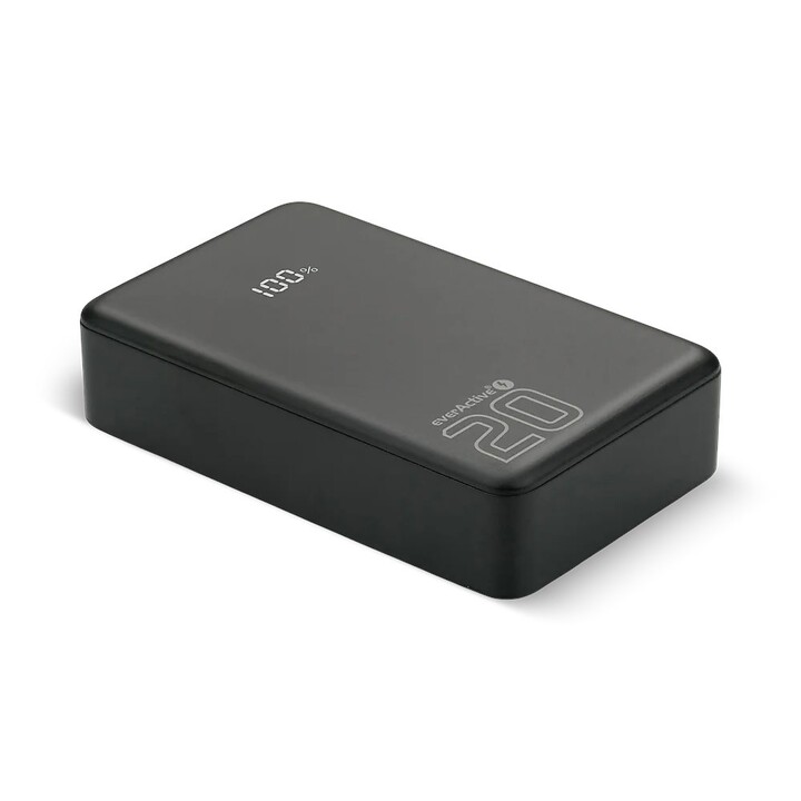 20,000 mAh external battery, 1 USB port, 2 USB-C ports, 20 W, QC4+, LCD screen, black color.