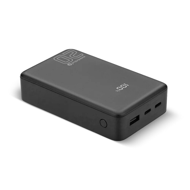 20,000 mAh external battery, 1 USB port, 2 USB-C ports, 20 W, QC4+, LCD screen, black color.