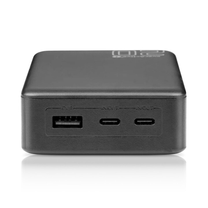 20,000 mAh external battery, 1 USB port, 2 USB-C ports, 20 W, QC4+, LCD screen, black color.