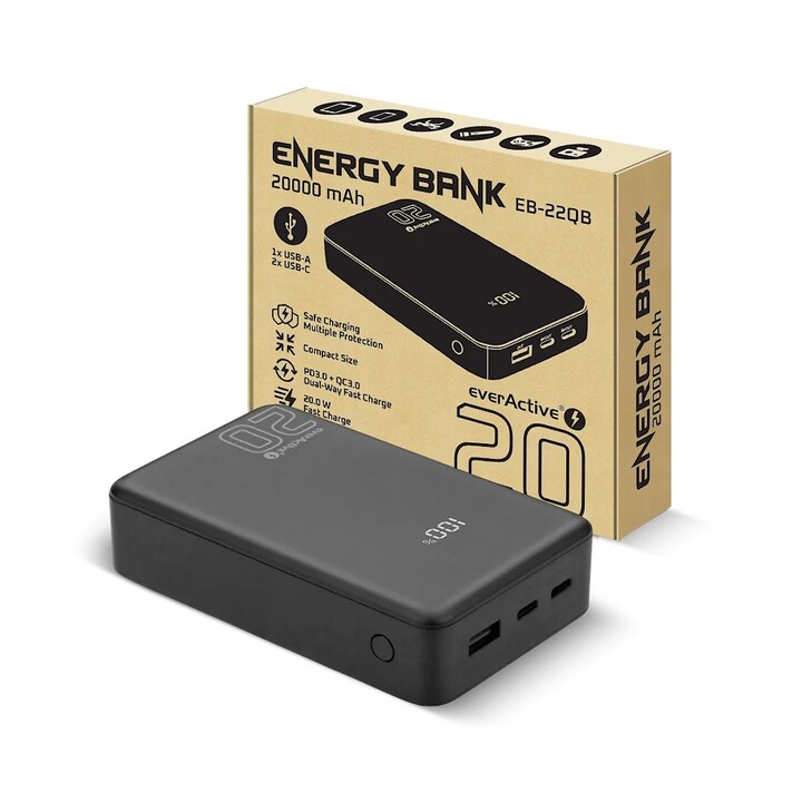 20,000 mAh external battery, 1 USB port, 2 USB-C ports, 20 W, QC4+, LCD screen, black color.