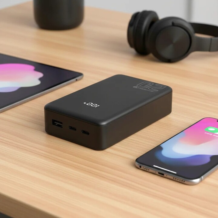 20,000 mAh external battery, 1 USB port, 2 USB-C ports, 20 W, QC4+, LCD screen, black color.