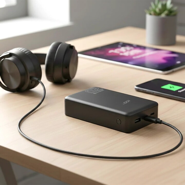 20,000 mAh external battery, 1 USB port, 2 USB-C ports, 20 W, QC4+, LCD screen, black color.