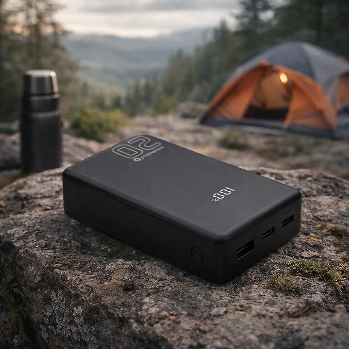 20,000 mAh external battery, 1 USB port, 2 USB-C ports, 20 W, QC4+, LCD screen, black color.