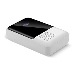 Batteria esterna da 20.000 mAh, 2 porte USB, 1 porta USB-C da 22,5 W, QC4+, schermo LCD, colore bianco.