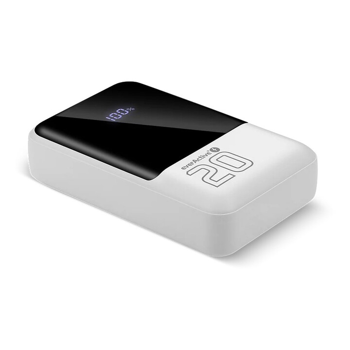 Bateria externa de 20.000 mAh, 2 portas USB, 1 porta USB-C de 22,5 W, QC4+, tela LCD, cor branca.