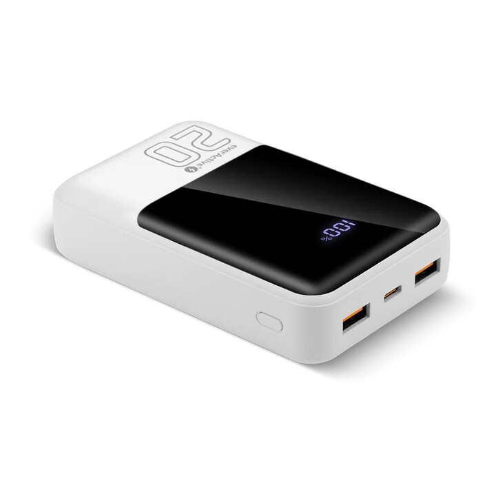 Batteria esterna da 20.000 mAh, 2 porte USB, 1 porta USB-C da 22,5 W, QC4+, schermo LCD, colore bianco.