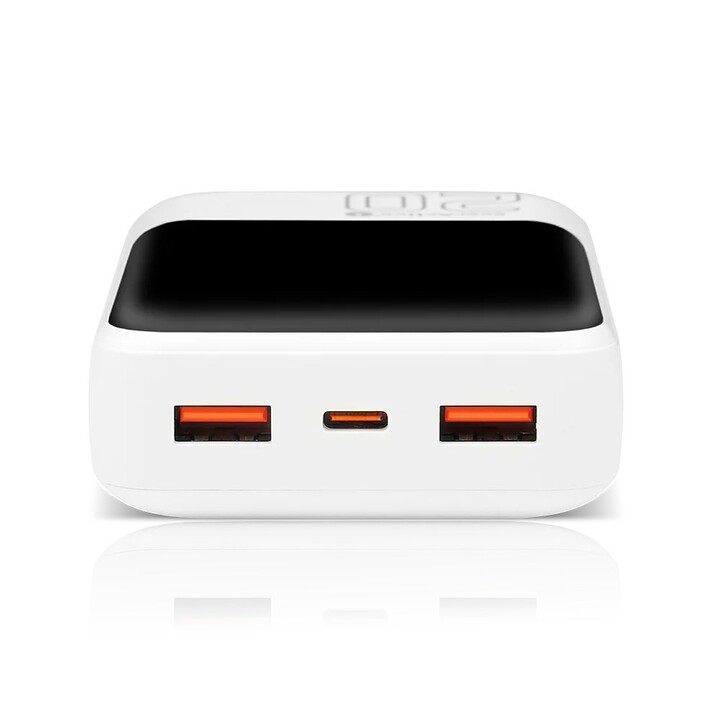 Bateria externa de 20.000 mAh, 2 portas USB, 1 porta USB-C de 22,5 W, QC4+, tela LCD, cor branca.